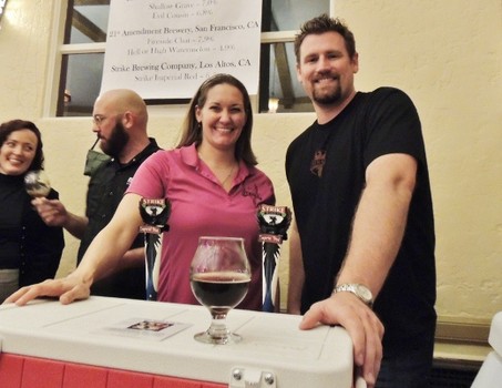 Strike Brewing Company's Jenny Lewis and Drew Ehrlich pouring Imperial Red at last year's KraftBrew Holiday Ball in San Jose