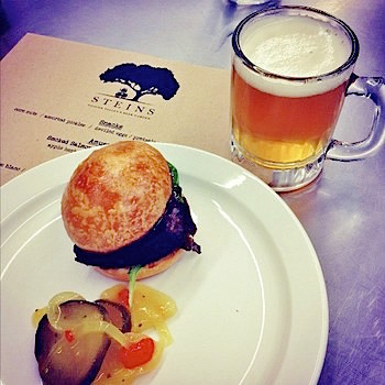 A recent menu tasting preview at Steins Beer Garden &amp; Restaurant in downtown Mountain View - Short rib slider with balsamic onion jam and house made pickles with beer (photo courtesy of Steins)