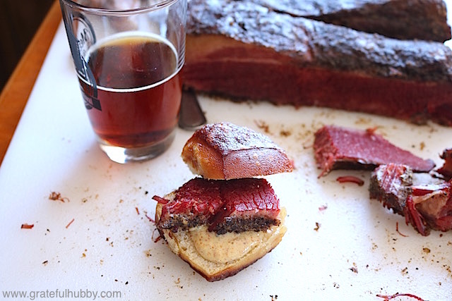 An elevated beer pairing: Pastrami Sandwich paired with Old Stock Ale Aged in Rye Whiskey Barrels