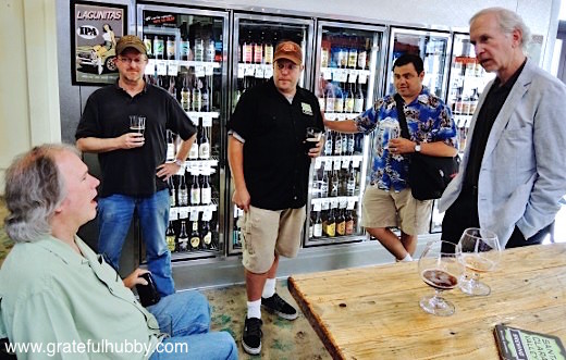 Photo from Peralta Porter release party in early July 2013: Santa Clara Valley Brewing CEO Tom Clark (left), SCVB brewmaster Steve Donohue (third from right), Sal Pizarro of the Mercury News (second from right) & former San Jose mayor Tom McEnery (right) 