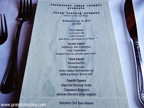 The menu from the Stone Brewing Co. beer pairing dinner at Restaurant James Randall this past June